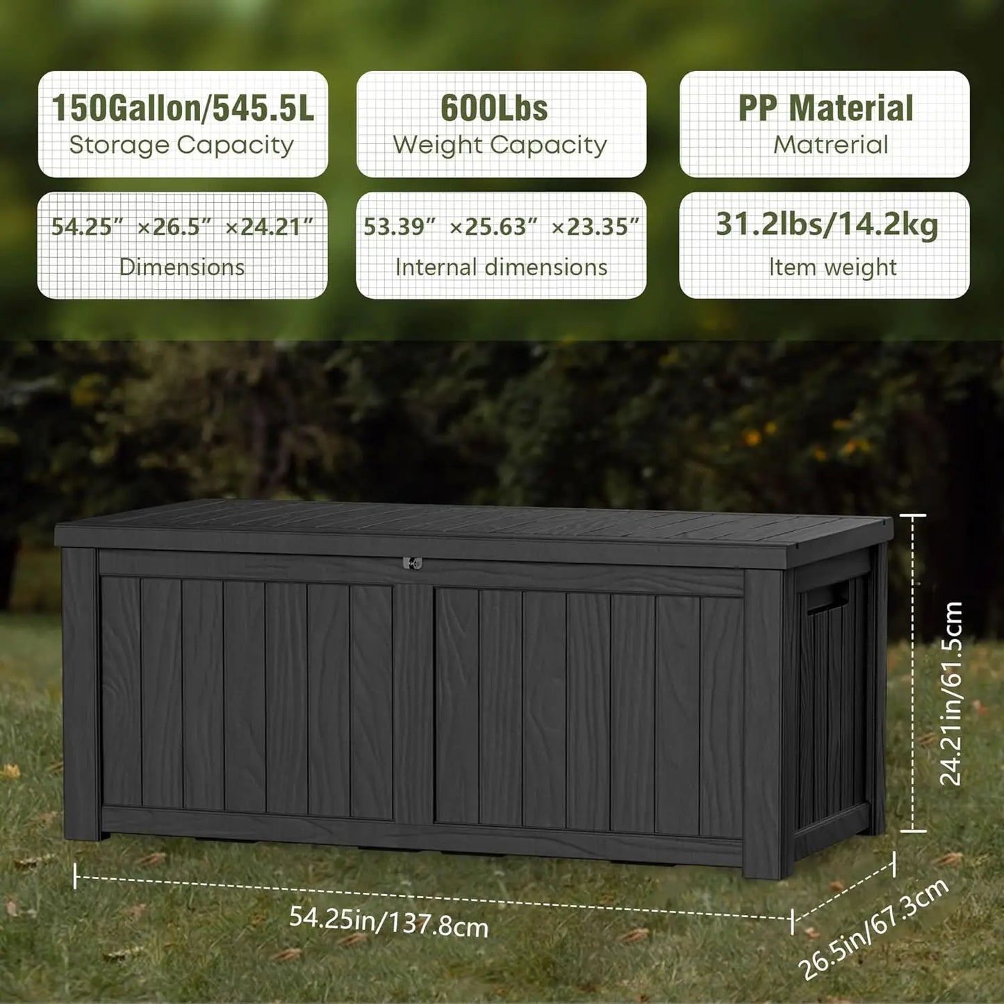 150 Gallon Lockable Resin Deck Box, Waterproof & UV-Resistant Outdoor Storage Box for Cushion