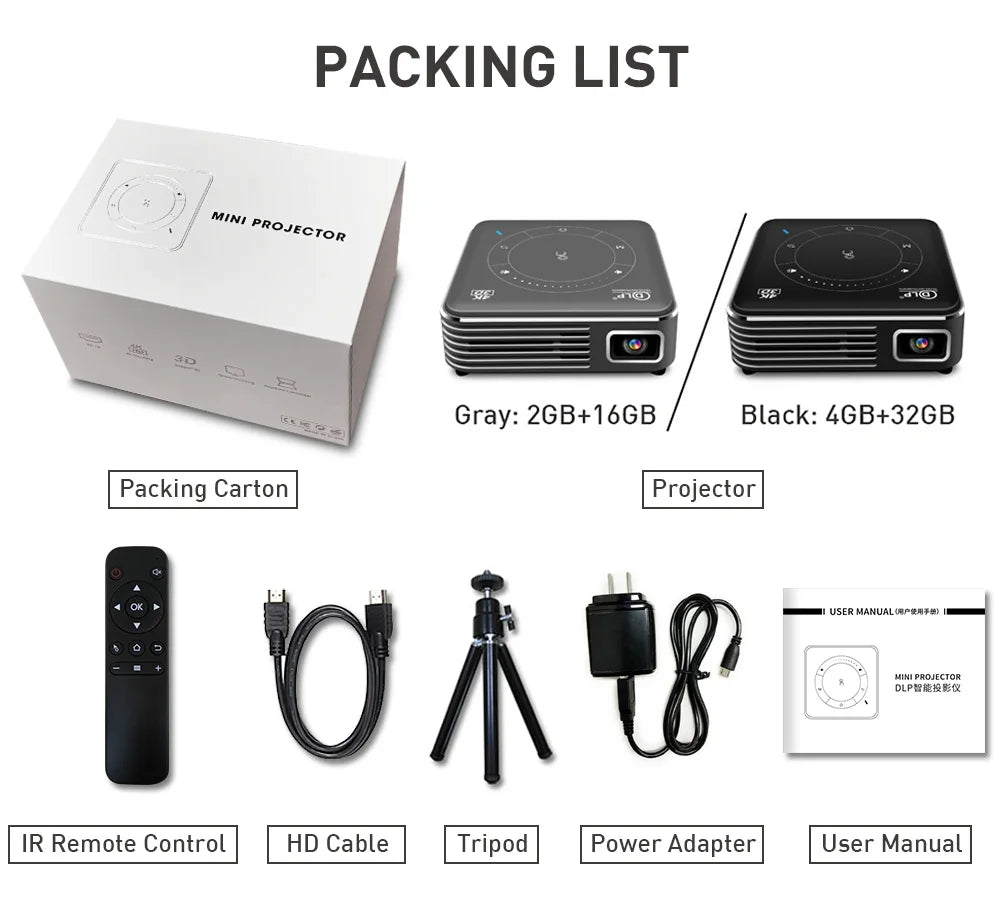 Mini Portable Projector Home Theater 4K 3D DLP Android Smart Ceiling Car Outdoor Wifi Bluetooth Mobile Battery Rechargeable LED