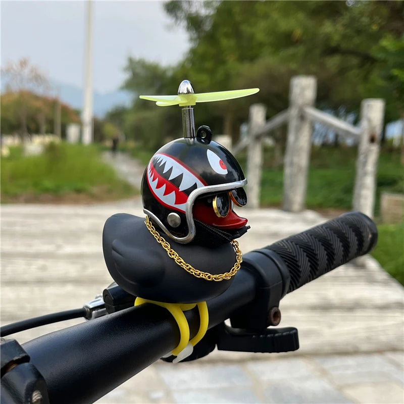 Duck Car Ornaments, Black Duck Car Dashboard Decorations Squeeze Duck Bicycle Horns with Propeller Helmet for Sport Outdoor