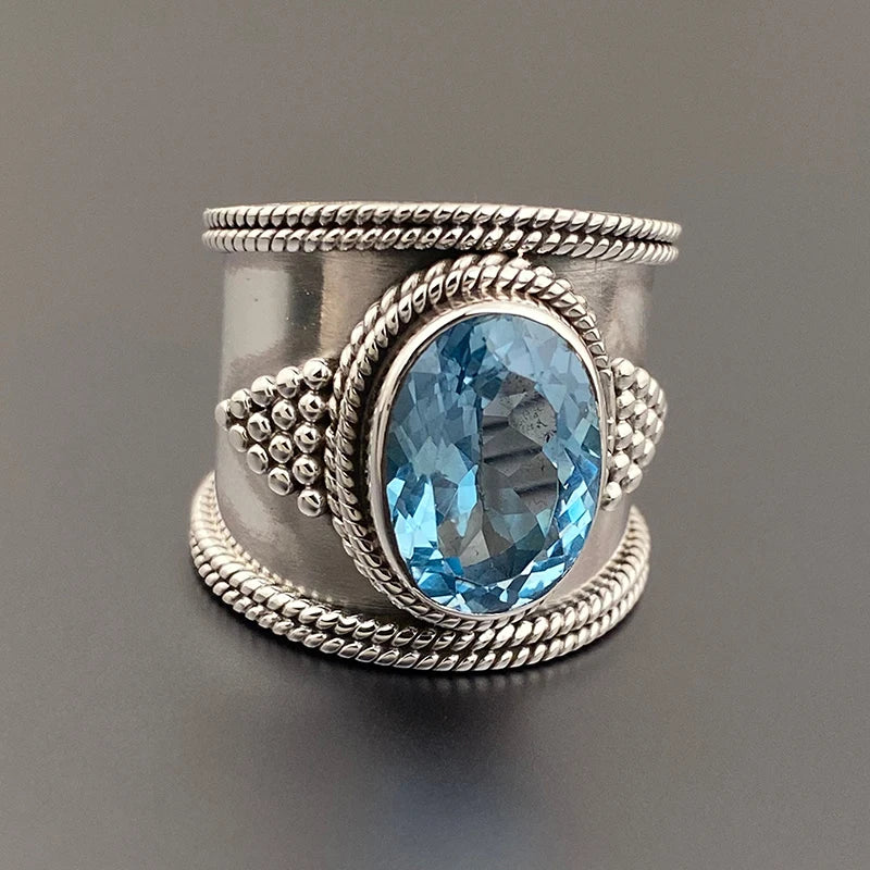 Huitan Gorgeous Silver Color Wide Ring Female Luxury Party Accessories Bright Blue Cubic Zirconia Finger Jewelry for Anniversary