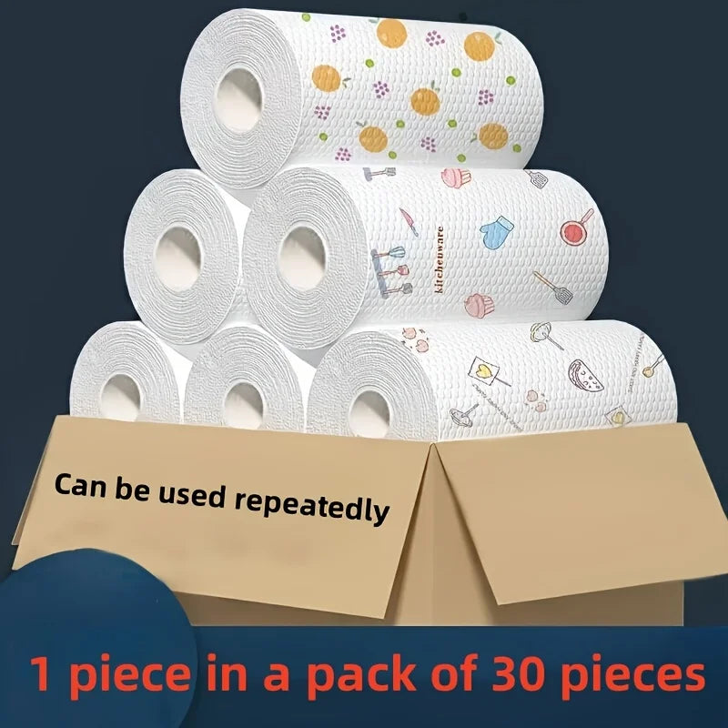 1roll 50pcs Disposable Kitchen Paper Towel, Random Pattern Reusable Washable Cloth for Dishwashing, Cleaning & Oil Absorption