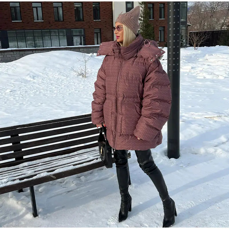 Print Puffy Women Winter Coats Casual Hooded Zipper Pocket Parkas Padded Jackets Vintage Lightweight Lady New In Outerwear