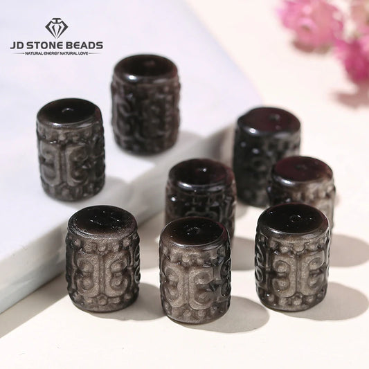 1 Pc Natural Silver Obsidian Carved Patterned Cylindrical Shape Bead For Jewelry Making Diy Necklace Bracelet Accessory Pendant