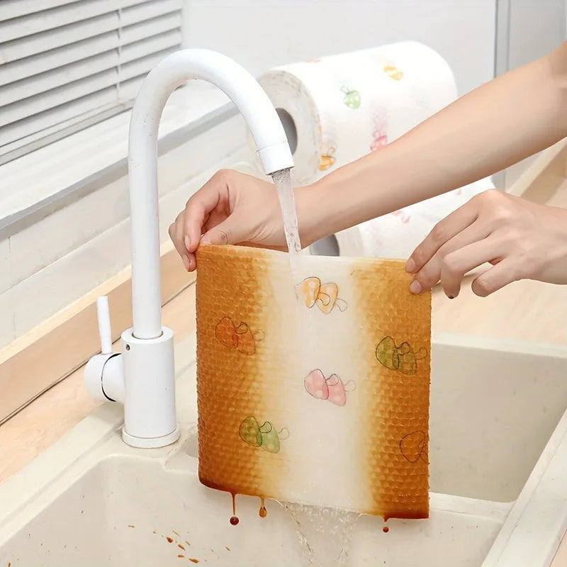 1roll 50pcs Disposable Kitchen Paper Towel, Random Pattern Reusable Washable Cloth for Dishwashing, Cleaning & Oil Absorption