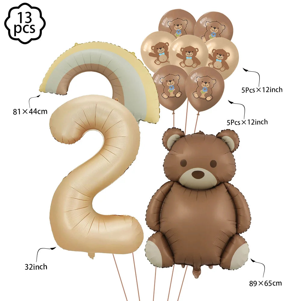 Coffee Brown Teddy Bear Balloon Number Heart Balloon set kid Birthday Party Decoration Baby Shower wedding Valentine's Day decor