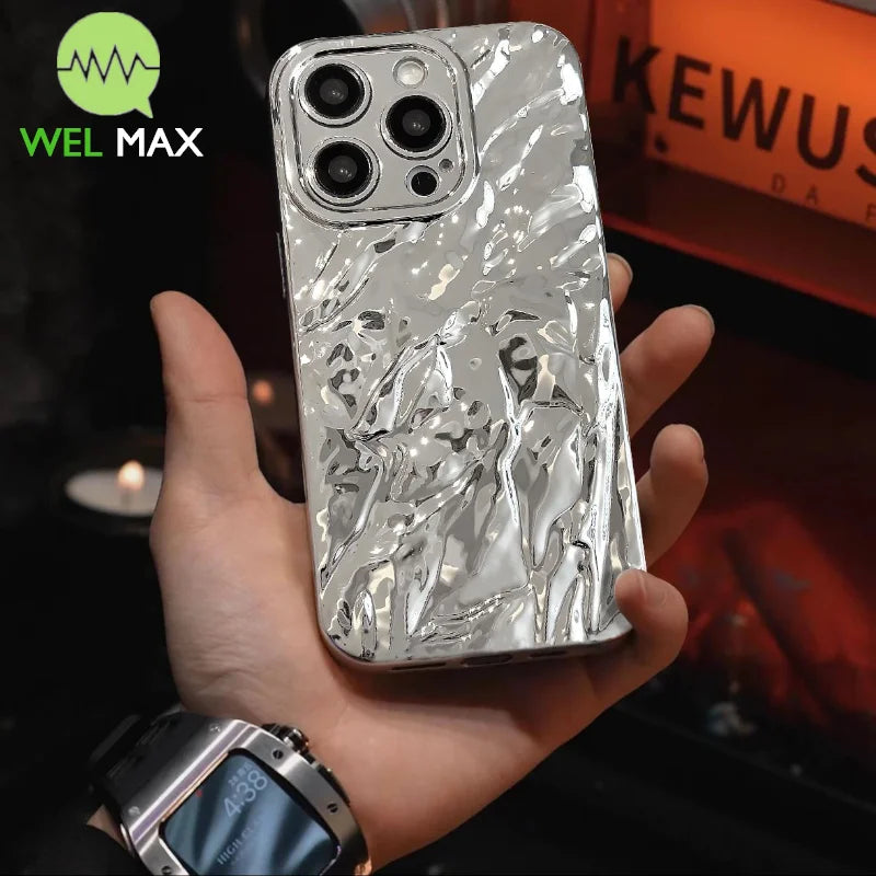 3D Silver Gray Tin Foil Pleated Phone Case For iPhone 15 14 13 12 11 Pro Max Fall prevention Shockproof Fashion Protective Cover