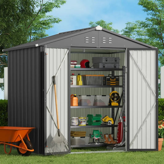 Outdoor Storage Shed 8 x 6 FT, Galvanized Metal Garden Shed with Double Lockable Doors, Outdoor Storage Clearance, Customized