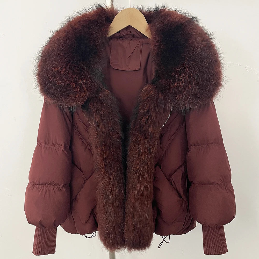 Puffer Coat Women Knit Sleeve Real Fur Coat New Winter Large Real Raccoon Fur White Duck Down Jacket Oversized Feather Parka