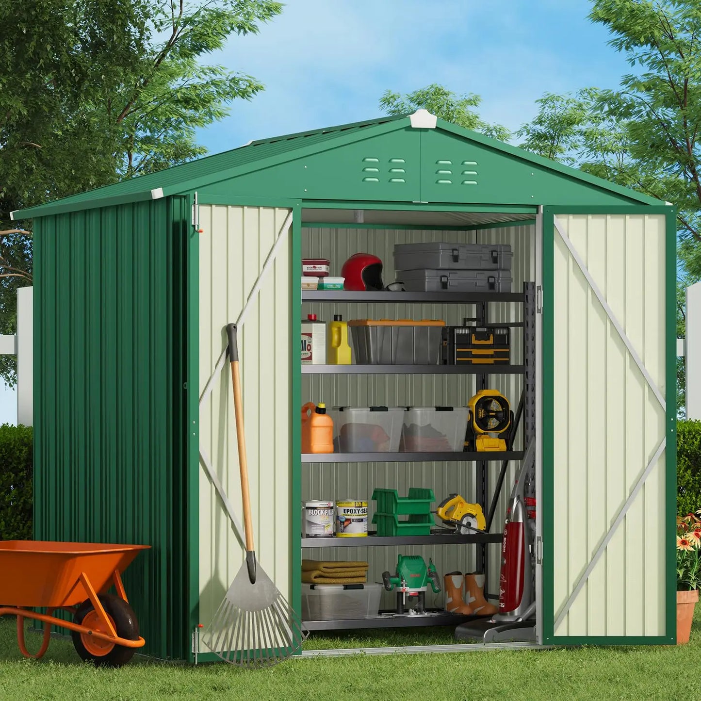 Outdoor Storage Shed 8 x 6 FT, Galvanized Metal Garden Shed with Double Lockable Doors, Outdoor Storage Clearance, Customized
