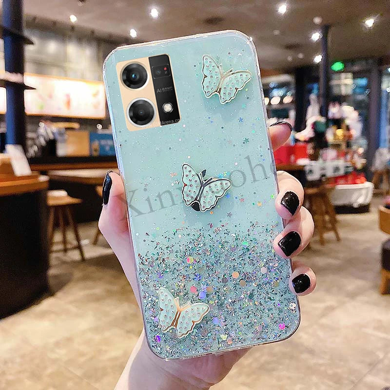 Phone case for OPPO Reno7 4G butterfly Soft Transparent Bling Glitter cover Reno 7 4G