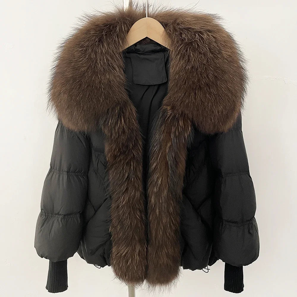 Puffer Coat Women Knit Sleeve Real Fur Coat New Winter Large Real Raccoon Fur White Duck Down Jacket Oversized Feather Parka
