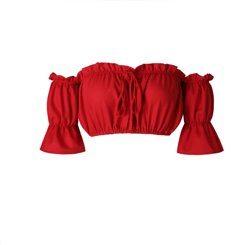 Crop tops women 2024 summer lantern sleeve sexy strapless beach tops red black white ruched crop top