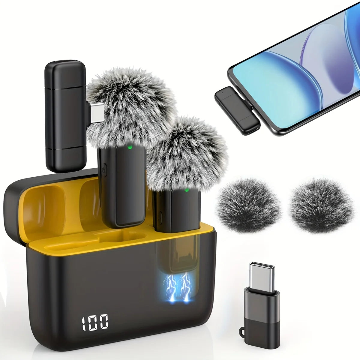 Wireless Lavalier Microphone with Charging Case Windproof Fleece Suitable for Phones Laptop Devices with Noise canceling MIC