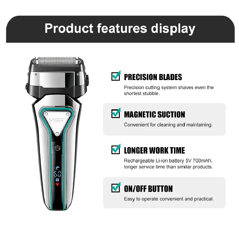 VGR 3D Men's Washable Wet Dry Electric Shaver Rechargeable Face Electric Razor bald Washable Beard Shaving Machine LCD Display