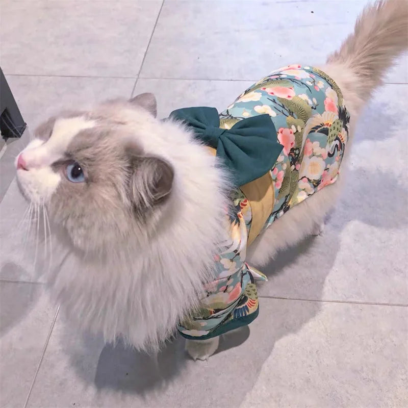 Japanese Style Thin Cat Dog Coat Kimono Summer Pet Clothes for Cats Dogs Cute Print with Bow-knot Kitten Sphynx Clothing Outfit