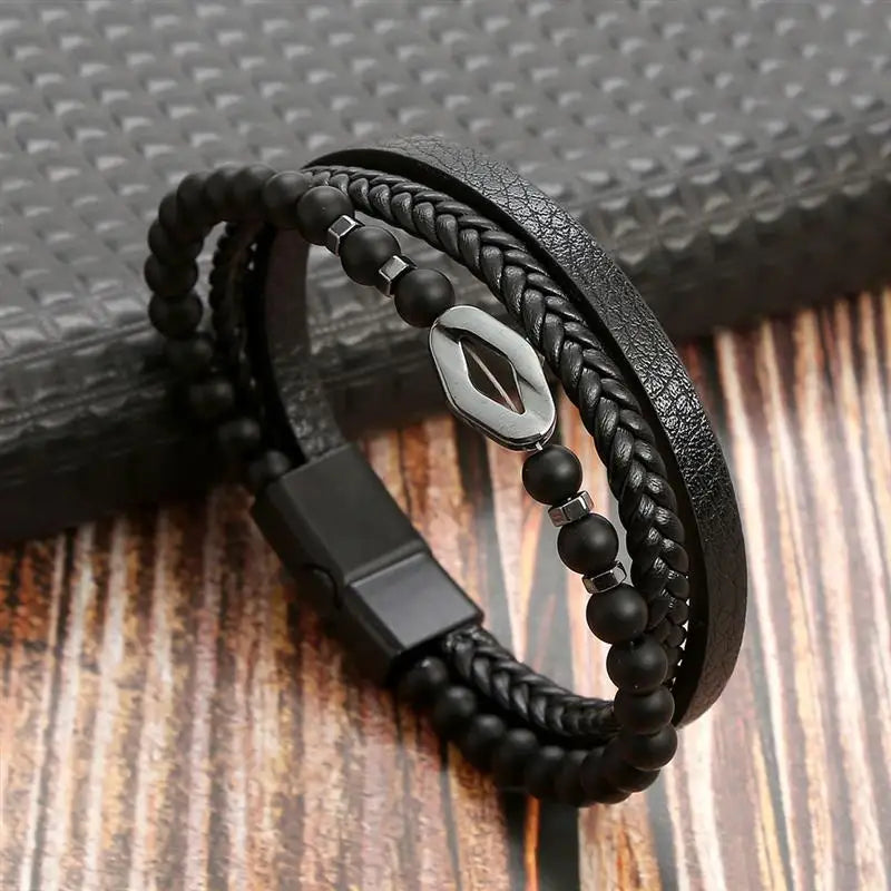 Fashion Braided Rope Woven Multilayer Leather Men Bracelets Punk Mental Magnet Bangle for Friend Charm Jewelry Gifts