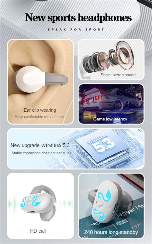 NEW Bluetooth 5.3 Wireless Bone Conduction Headphones T75 Clip Ear Music Noise Canceling Headset HD Call Sports Gaming Earphone
