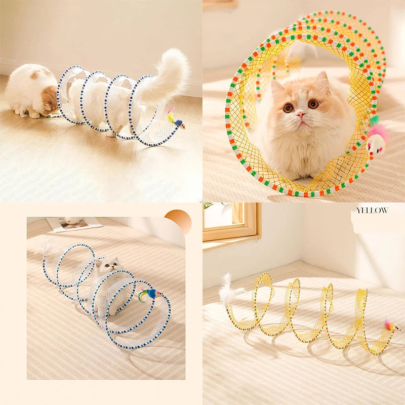 Folding Cat Tunnel S Shape Spring Type Cat Tunnel Toy With Plush Mouse And Feathers Spiral Tunnel Interactive Cat Toy