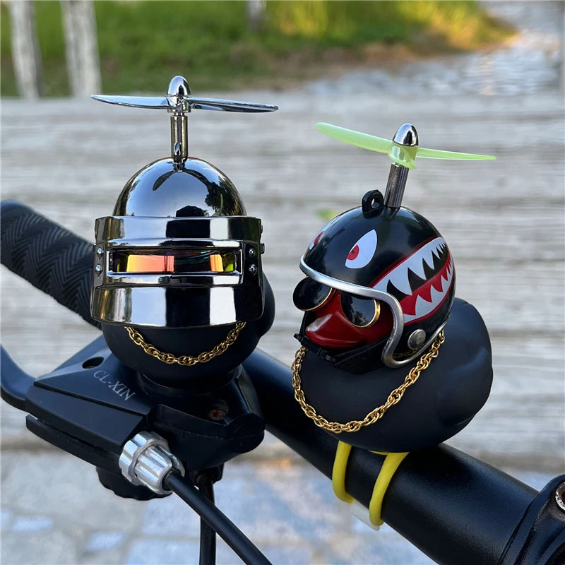 Duck Car Ornaments, Black Duck Car Dashboard Decorations Squeeze Duck Bicycle Horns with Propeller Helmet for Sport Outdoor