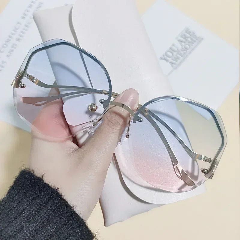 New Fashionable Sunglasses for Women UV Resistant Transparent Ocean Sheet Women's Metal Frameless Polygonal Gradient Sunglasses