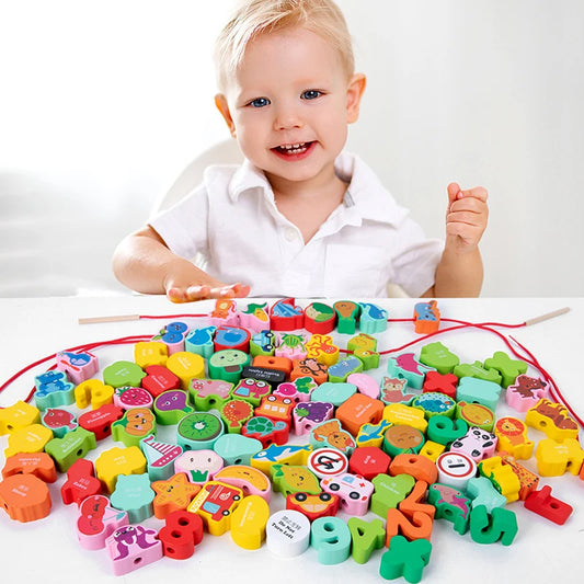 9/36pcs Wooden Toys Baby DIY Toy Cartoon Fruit Animal Stringing Threading Wooden beads Toy Monterssori Educational for Kids