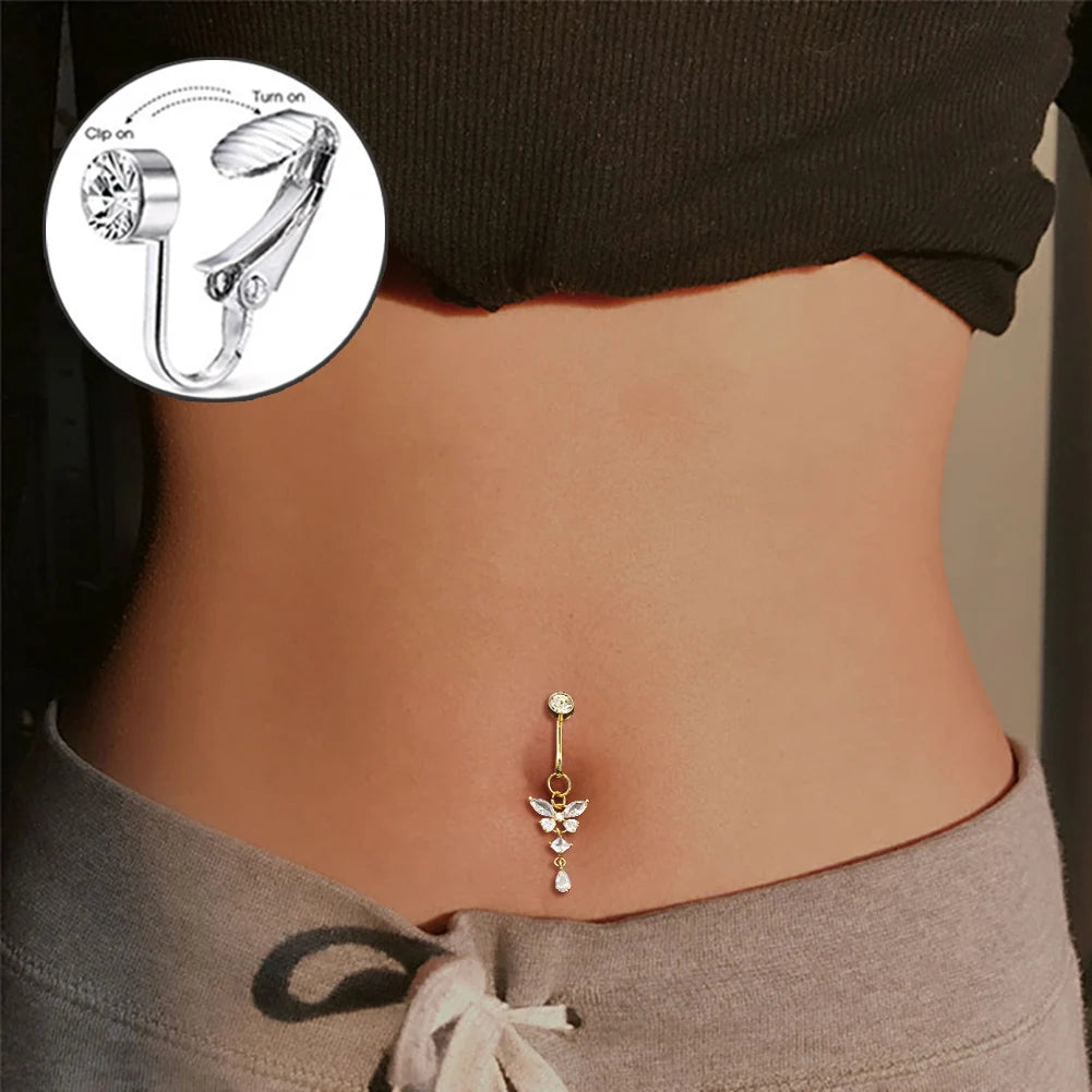 Fake Belly Butterfly Crystals Long Dangle Belly Button Rings Surgical Steel Navel Piercing Clip Umbilical Belly Body Jewelry