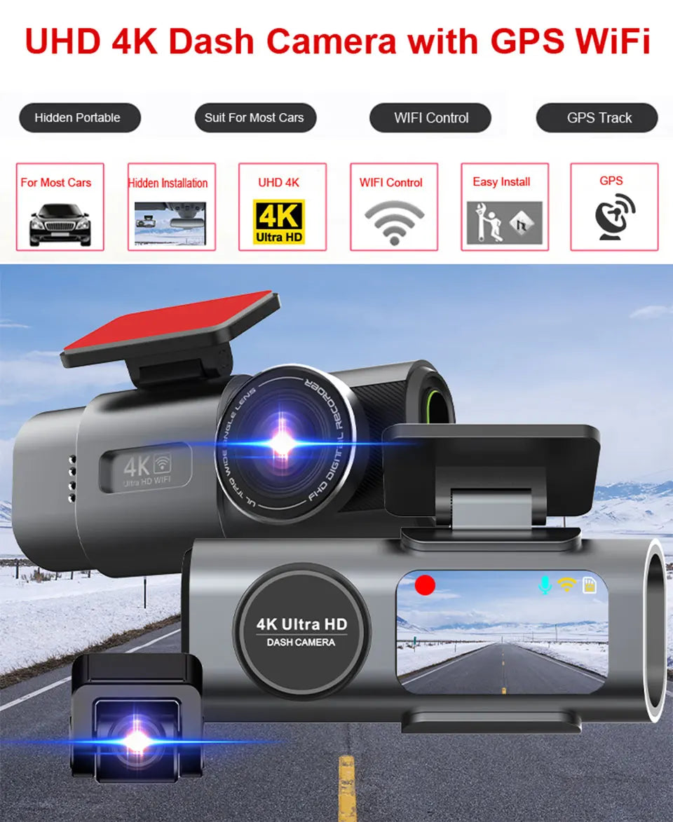 Dash Cam Car Camera Dual Lens 4K UHD Recording DVR Night Vision Video Recorder Built-In Wi-Fi Support GPS 24H Parking Car Camera