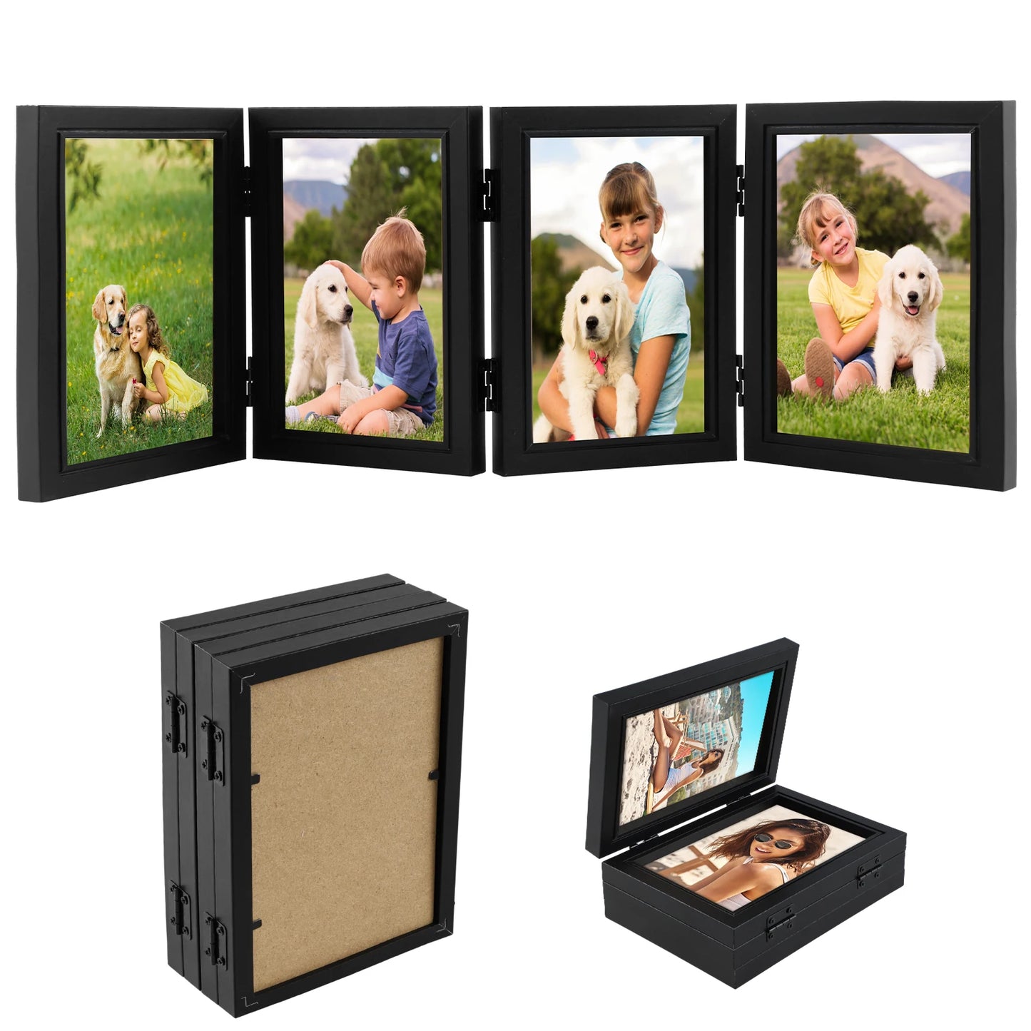 Wooden Photo Frame Foldable Hinged Picture Frame Table Ornament Souvenir for Bedside Bookshelf Office Picture Album Storage Box