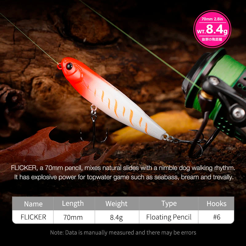 TSURINOYA FLICKER 70F Surface Fishing Lure Z Dog Floating Pencil 70mm 8.4g Chatter Artificial Hard Baits Trout Bass Pike Plug