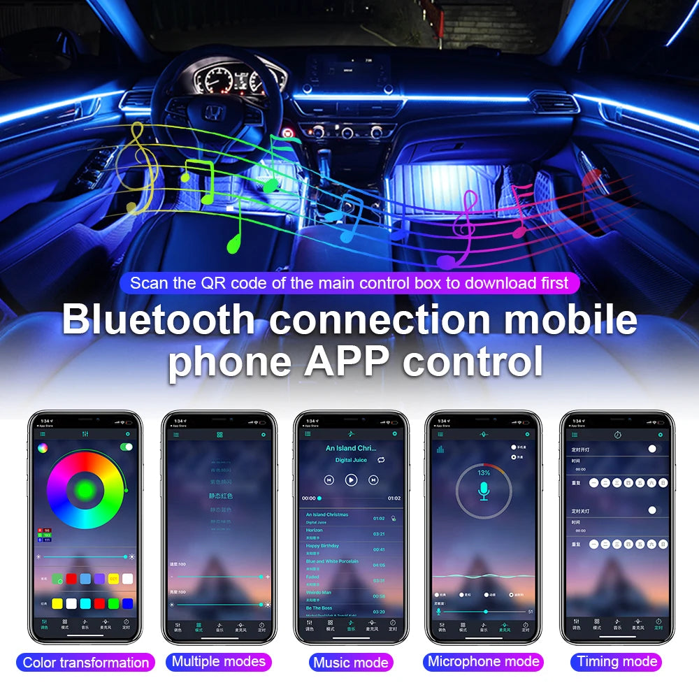 18 in 1 Car LED Symphony Ambient Light RGB Neon Hidden Acrylic Strip Interior Decoration Accessorie Atmosphere Lamp Kit With App