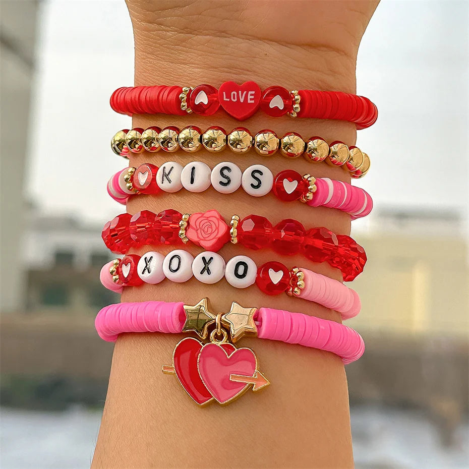 Happy Valentine's Day Card Colorful Polymer Clay Soft Chain Bracelets for Women Kpop Two Heart Bangles Couple Friends Jewelry