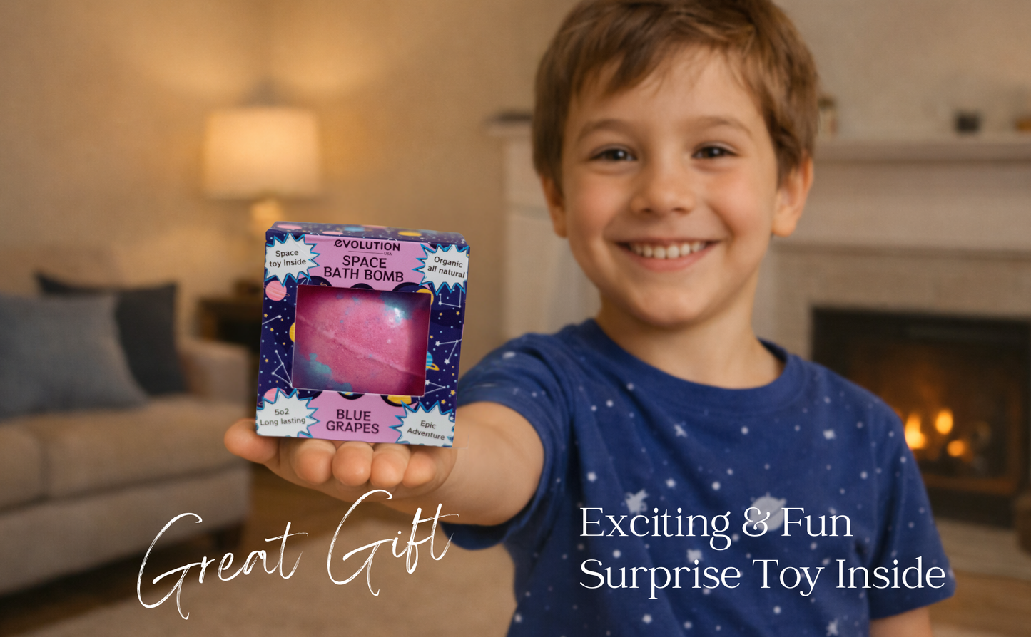 EvolutionUSA 1pc Space Bath Bomb for Boys & Girls, Planet Bath Ball with Toy Hidden Inside, Organic Hypoallerganic Childrens Bathbomb, Cosmic Fun Space Surprise, Gift Set Birthday, Christmas, Easter