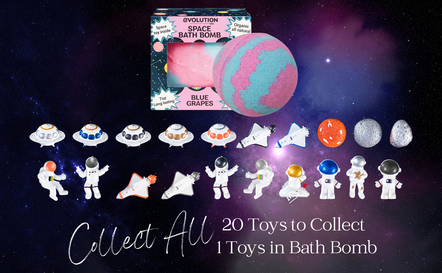 EvolutionUSA 1pc Space Bath Bomb for Boys & Girls, Planet Bath Ball with Toy Hidden Inside, Organic Hypoallerganic Childrens Bathbomb, Cosmic Fun Space Surprise, Gift Set Birthday, Christmas, Easter