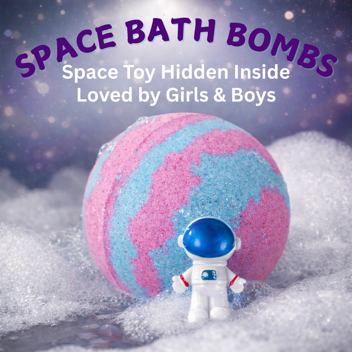 EvolutionUSA 1pc Space Bath Bomb for Boys & Girls, Planet Bath Ball with Toy Hidden Inside, Organic Hypoallerganic Childrens Bathbomb, Cosmic Fun Space Surprise, Gift Set Birthday, Christmas, Easter