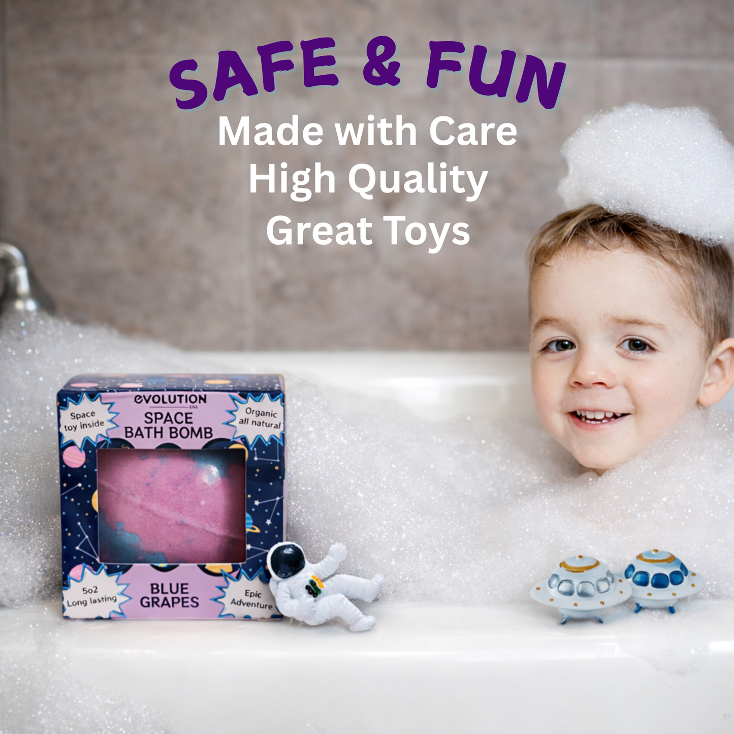 EvolutionUSA 1pc Space Bath Bomb for Boys & Girls, Planet Bath Ball with Toy Hidden Inside, Organic Hypoallerganic Childrens Bathbomb, Cosmic Fun Space Surprise, Gift Set Birthday, Christmas, Easter