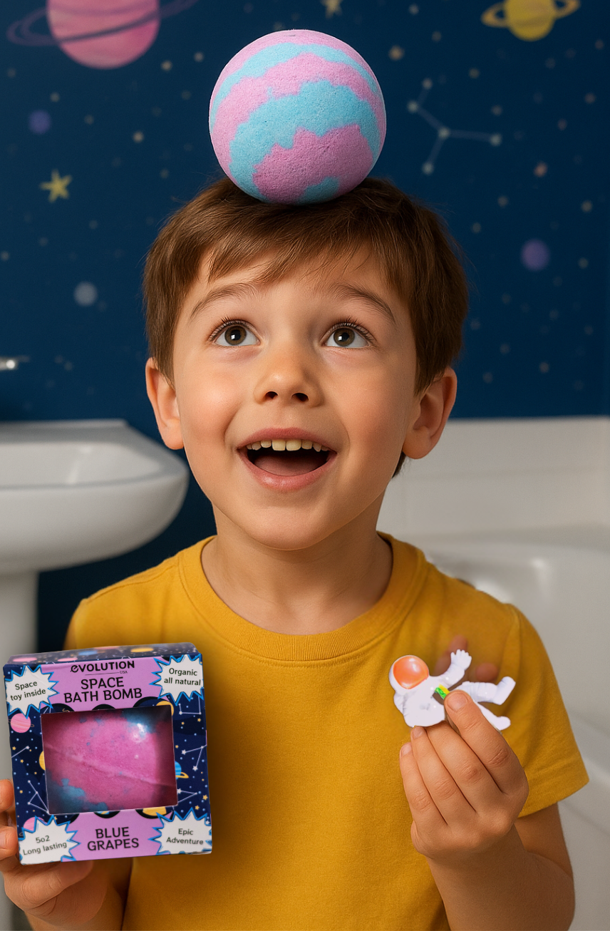 EvolutionUSA 1pc Space Bath Bomb for Boys & Girls, Planet Bath Ball with Toy Hidden Inside, Organic Hypoallerganic Childrens Bathbomb, Cosmic Fun Space Surprise, Gift Set Birthday, Christmas, Easter