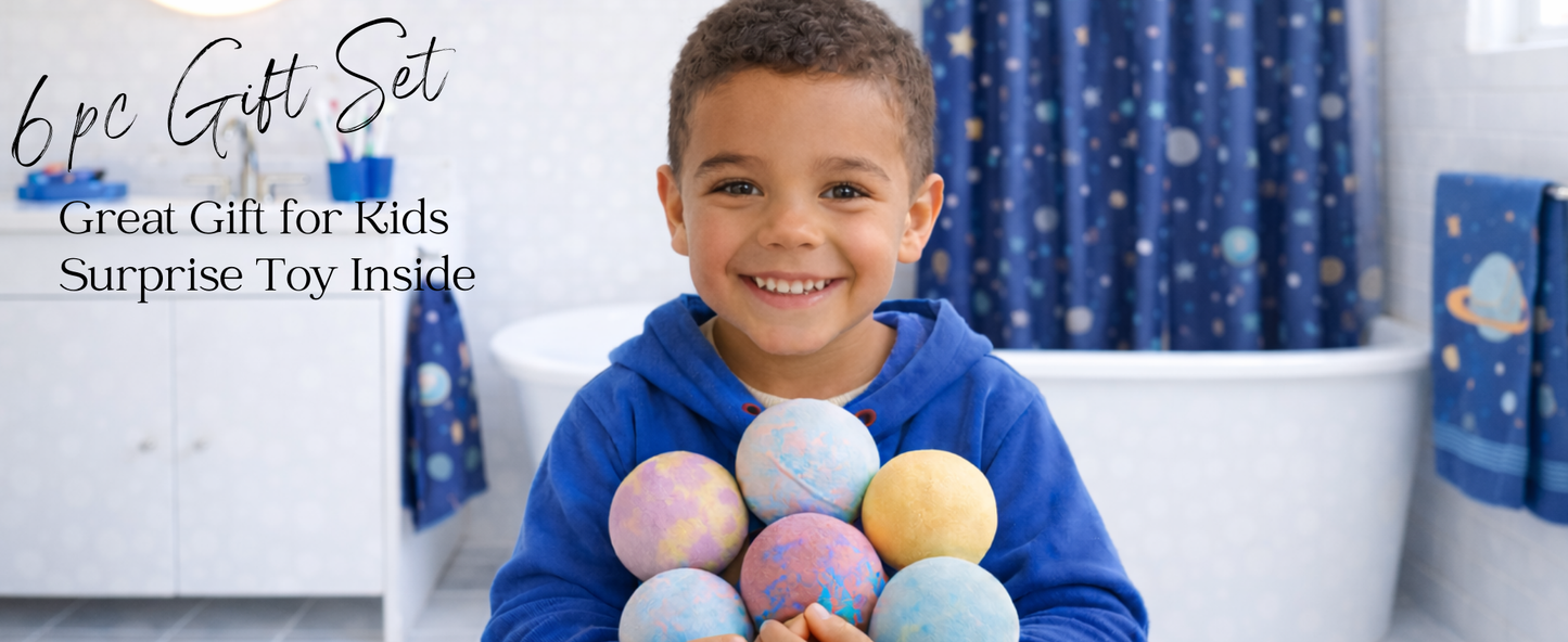 EvolutionUSA 6pc Space Bath Bombs for Boys & Girls, 6 Planet Bath Balls with Toy Hidden Inside, Organic Hypoallerganic Childrens Bathbombs, Cosmic Fun Space Surprise, Gift Set Birthday, Christmas, Easter