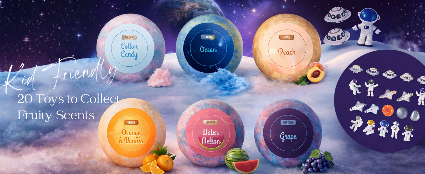 EvolutionUSA 6pc Space Bath Bombs for Boys & Girls, 6 Planet Bath Balls with Toy Hidden Inside, Organic Hypoallerganic Childrens Bathbombs, Cosmic Fun Space Surprise, Gift Set Birthday, Christmas, Easter