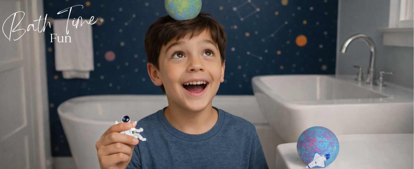 EvolutionUSA 6pc Space Bath Bombs for Boys & Girls, 6 Planet Bath Balls with Toy Hidden Inside, Organic Hypoallerganic Childrens Bathbombs, Cosmic Fun Space Surprise, Gift Set Birthday, Christmas, Easter