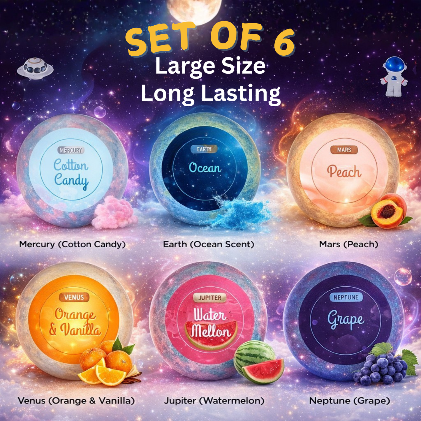 EvolutionUSA 6pc Space Bath Bombs for Boys & Girls, 6 Planet Bath Balls with Toy Hidden Inside, Organic Hypoallerganic Childrens Bathbombs, Cosmic Fun Space Surprise, Gift Set Birthday, Christmas, Easter