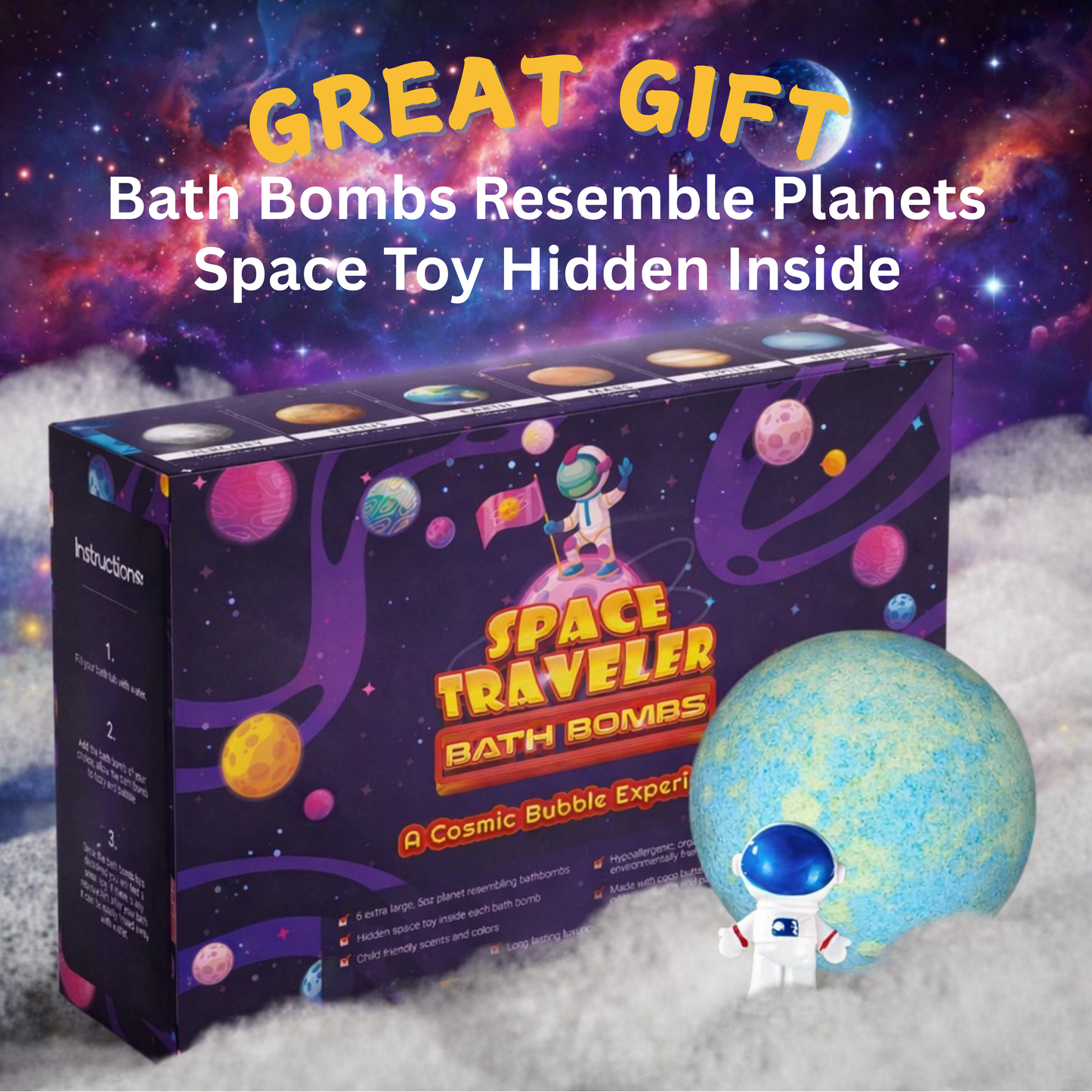 EvolutionUSA 6pc Space Bath Bombs for Boys & Girls, 6 Planet Bath Balls with Toy Hidden Inside, Organic Hypoallerganic Childrens Bathbombs, Cosmic Fun Space Surprise, Gift Set Birthday, Christmas, Easter