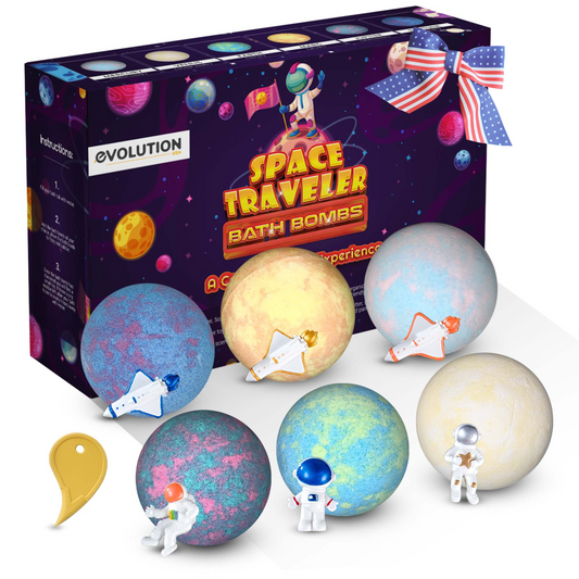 EvolutionUSA 6pc Space Bath Bombs for Boys & Girls, 6 Planet Bath Balls with Toy Hidden Inside, Organic Hypoallerganic Childrens Bathbombs, Cosmic Fun Space Surprise, Gift Set Birthday, Christmas, Easter