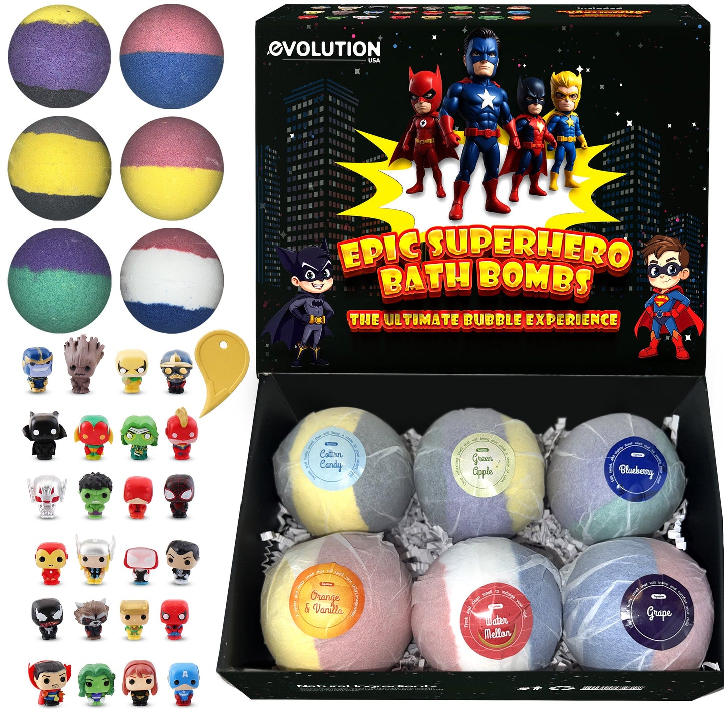 EvolutionUSA Epic Superhero Bath Bombs for Kids, 6pc Super Hero Bath Bombs with Toy Inside Bathbombs, Spiderman Bathbomb with Surprise Inside, Bath Balls for Marvel Lovers, Easter Childrens Bath Bomb