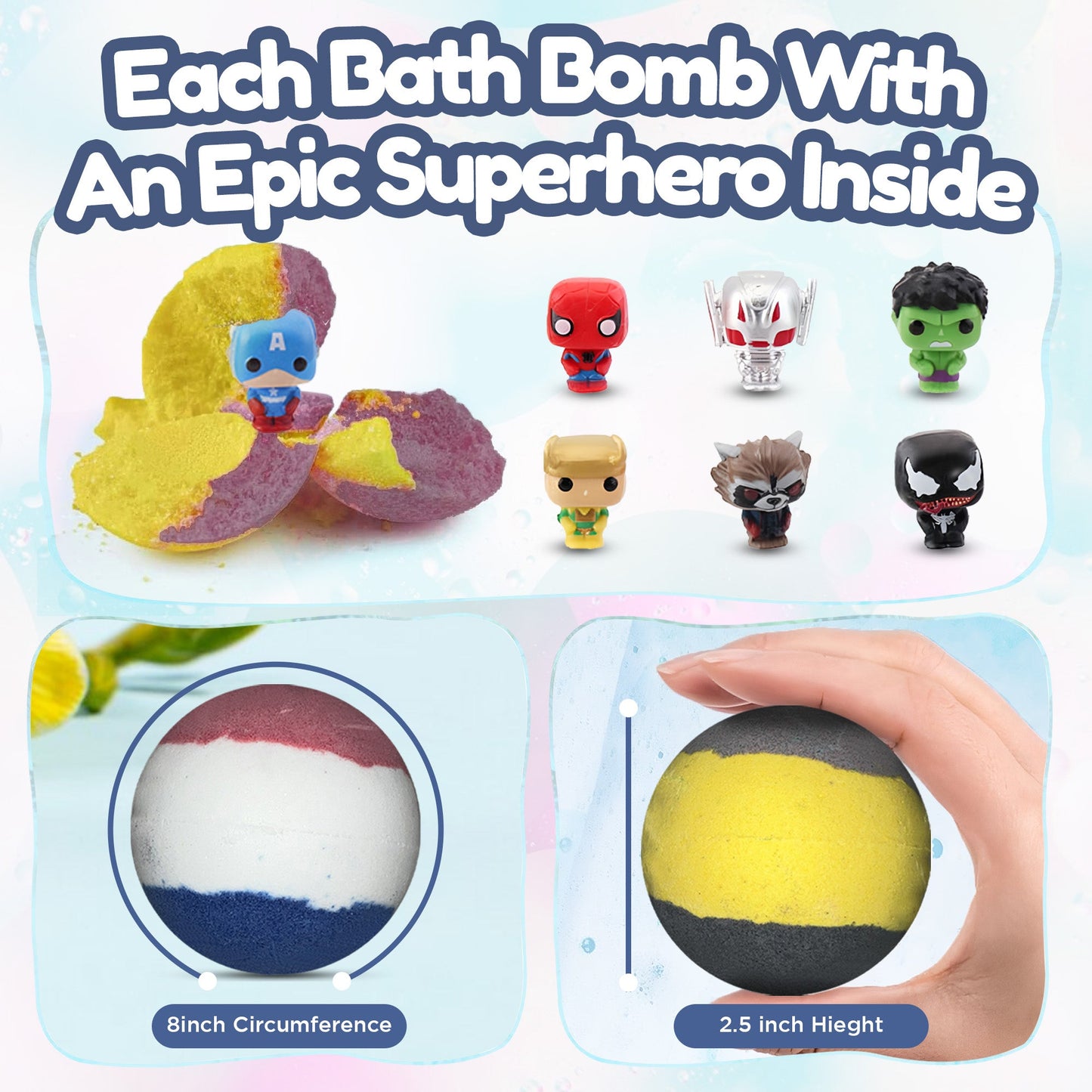 EvolutionUSA Epic Superhero Bath Bombs for Kids, 6pc Super Hero Bath Bombs with Toy Inside Bathbombs, Spiderman Bathbomb with Surprise Inside, Bath Balls for Marvel Lovers, Easter Childrens Bath Bomb