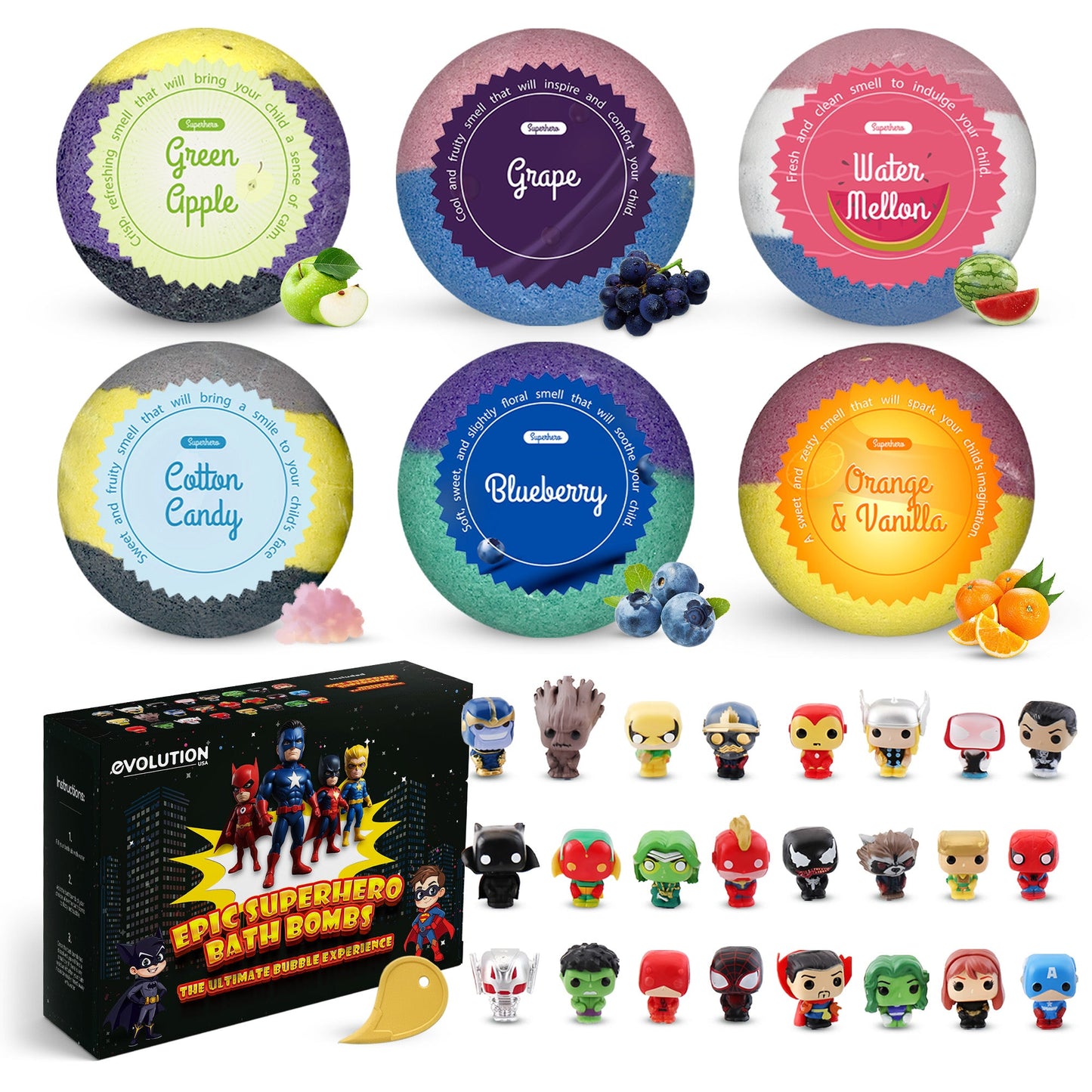 EvolutionUSA Epic Superhero Bath Bombs for Kids, 6pc Super Hero Bath Bombs with Toy Inside Bathbombs, Spiderman Bathbomb with Surprise Inside, Bath Balls for Marvel Lovers, Easter Childrens Bath Bomb