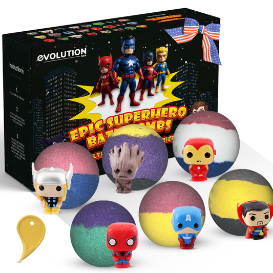 EvolutionUSA Epic Superhero Bath Bombs for Kids, 6pc Super Hero Bath Bombs with Toy Inside Bathbombs, Spiderman Bathbomb with Surprise Inside, Bath Balls for Marvel Lovers, Easter Childrens Bath Bomb