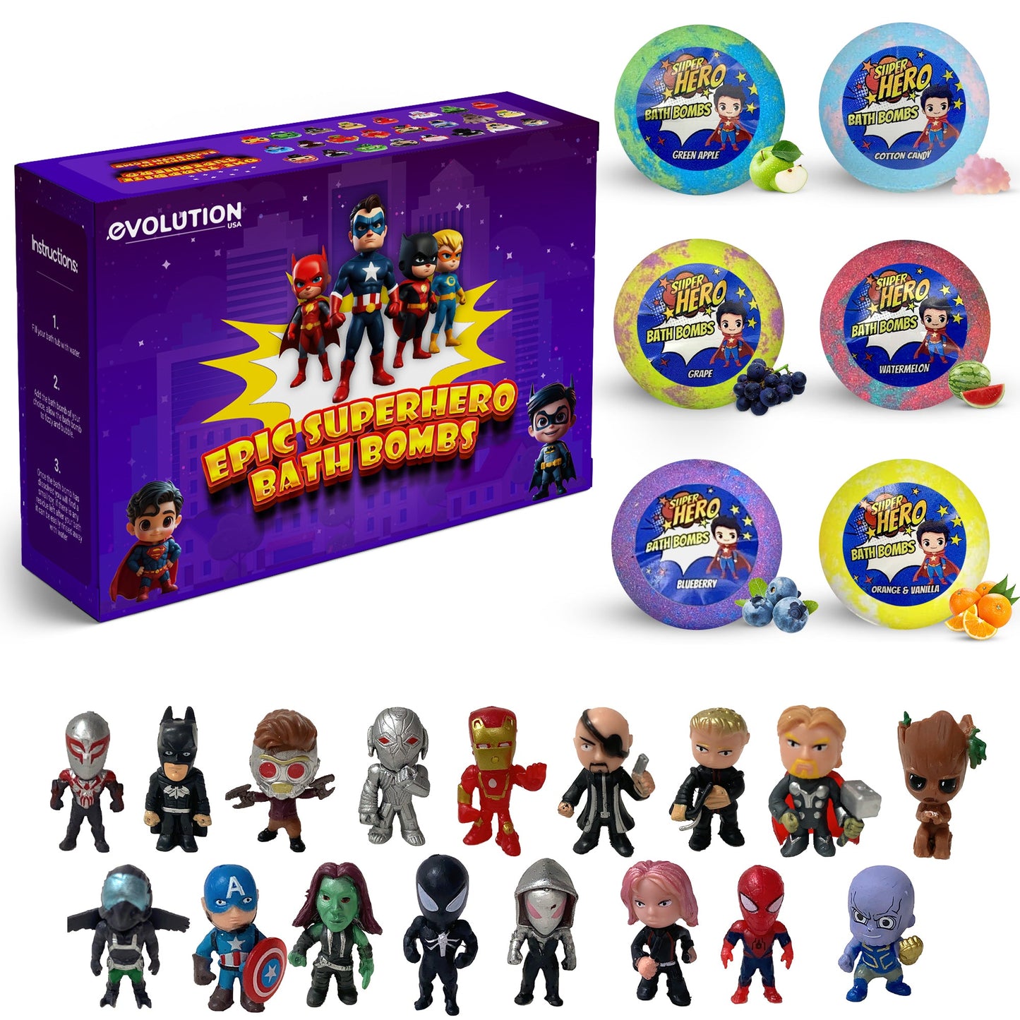 EvolutionUSA Epic Superhero Bath Bombs for Kids, 6 Super Hero Bath Bombs with Toy Inside Bathbombs, Spiderman Bathbomb with Surprise Inside, Bath Balls for Marvel Lovers, Easter Childrens Bath