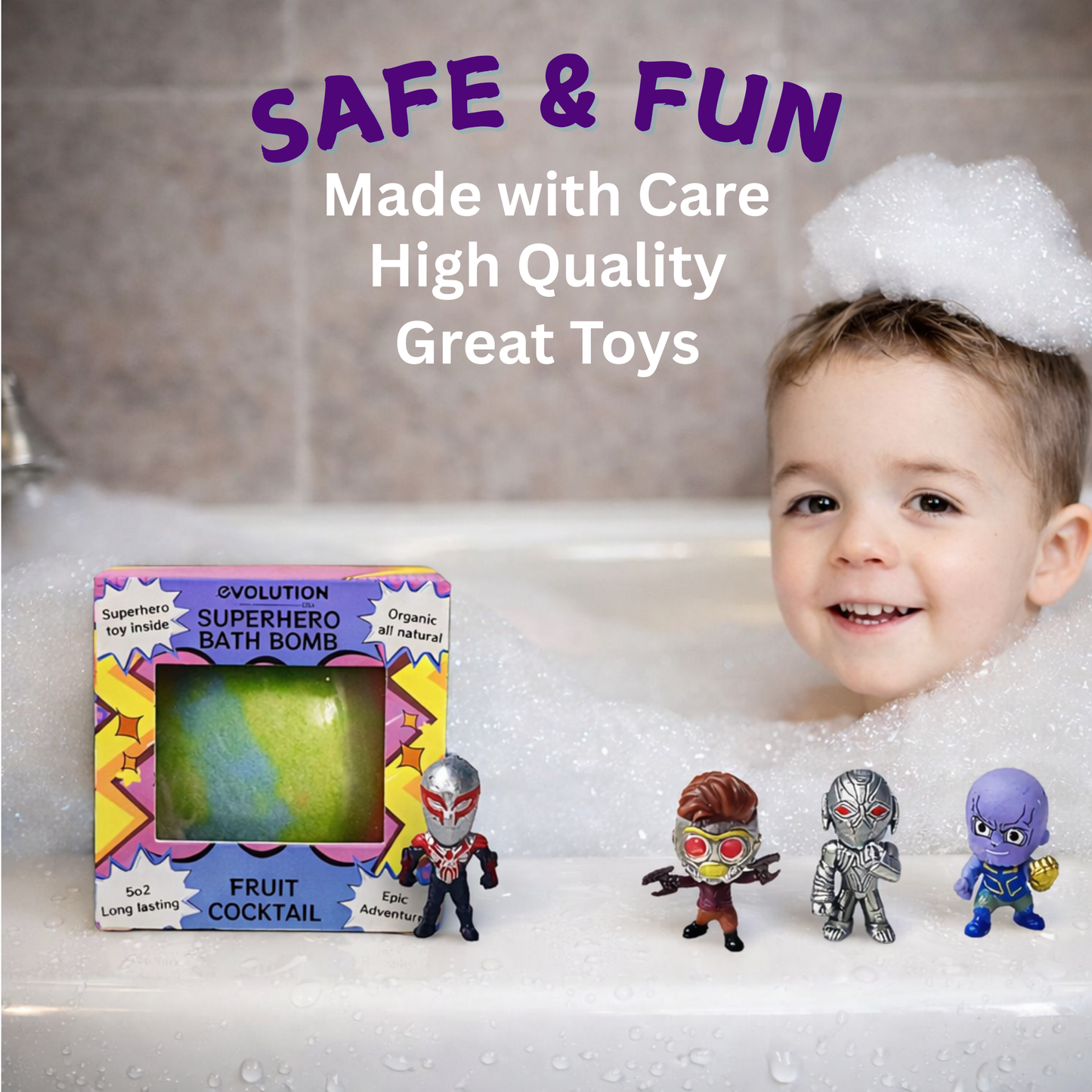 EvolutionUSA 1pc Green Epic Superhero Bath Bombs for Kids, Super Hero Bath Bomb with Toy Inside, Lush Children Bathbomb, Organic Bathbomb with Surprise Inside, Fizzy Fun Superhero Bath Ball