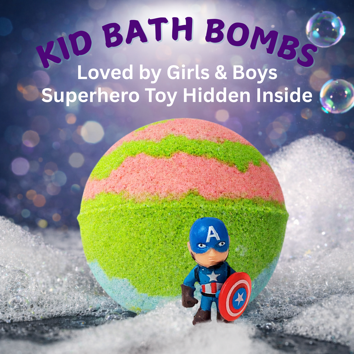 EvolutionUSA 1pc Green Epic Superhero Bath Bombs for Kids, Super Hero Bath Bomb with Toy Inside, Lush Children Bathbomb, Organic Bathbomb with Surprise Inside, Fizzy Fun Superhero Bath Ball