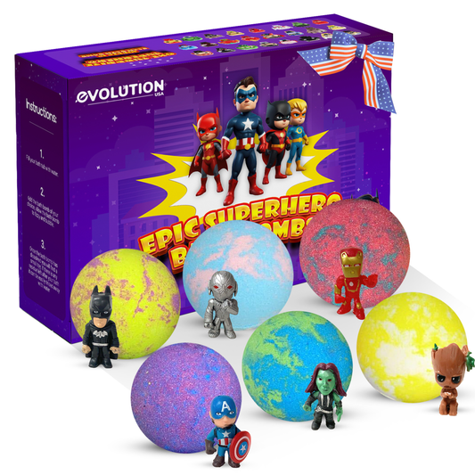 EvolutionUSA Epic Superhero Bath Bombs for Kids, 6 Super Hero Bath Bombs with Toy Inside Bathbombs, Spiderman Bathbomb with Surprise Inside, Bath Balls for Marvel Lovers, Easter Childrens Bath